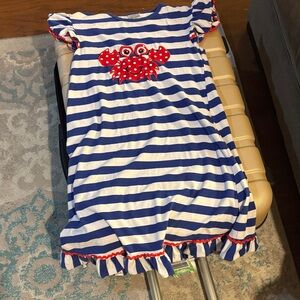Boutique Blue and White Striped Kids Dress with Red Crab Design